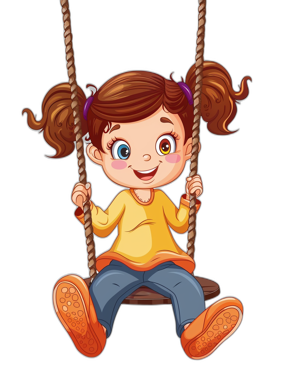 A cute cartoon girl sitting on the swing with a happy expression in a simple vector illustration with a black background and high resolution but no shading details, focused on her face.