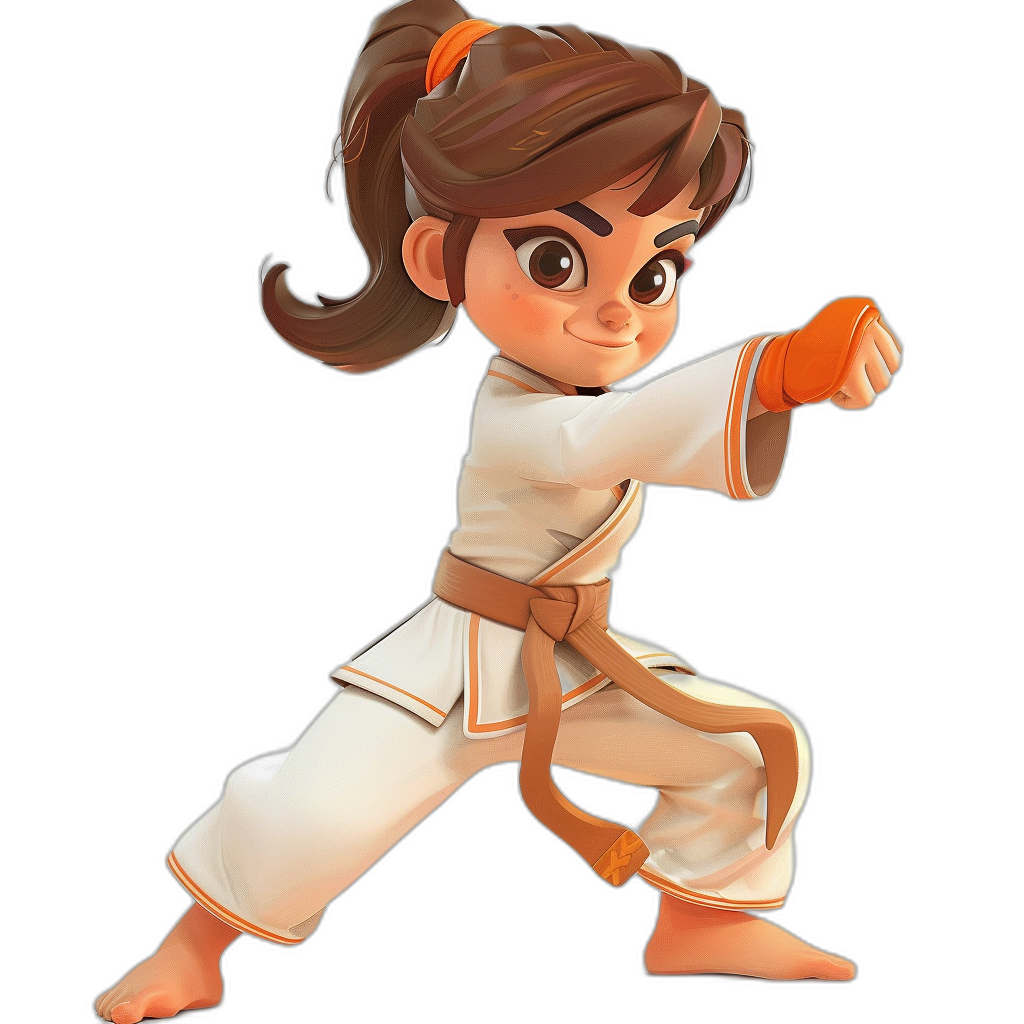 A young girl with brown hair in pigtails, dressed as a karate fighter character for the game. She is wearing white pants and an orange belt. Her hands form fists at sharp angles, ready to fight. Black background. Pixar style cartoon art. Full body portrait. The colors are light gray and dark beige. He has big eyes and is smiling.