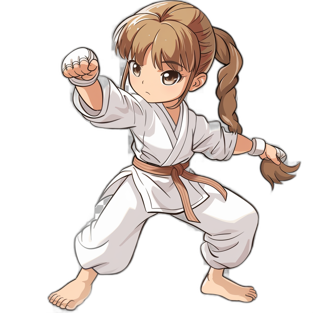 manga style, young girl with brown hair in pigtails doing karate on a black background, wearing a white martial arts uniform, with flat colors. The artwork is in the style of.