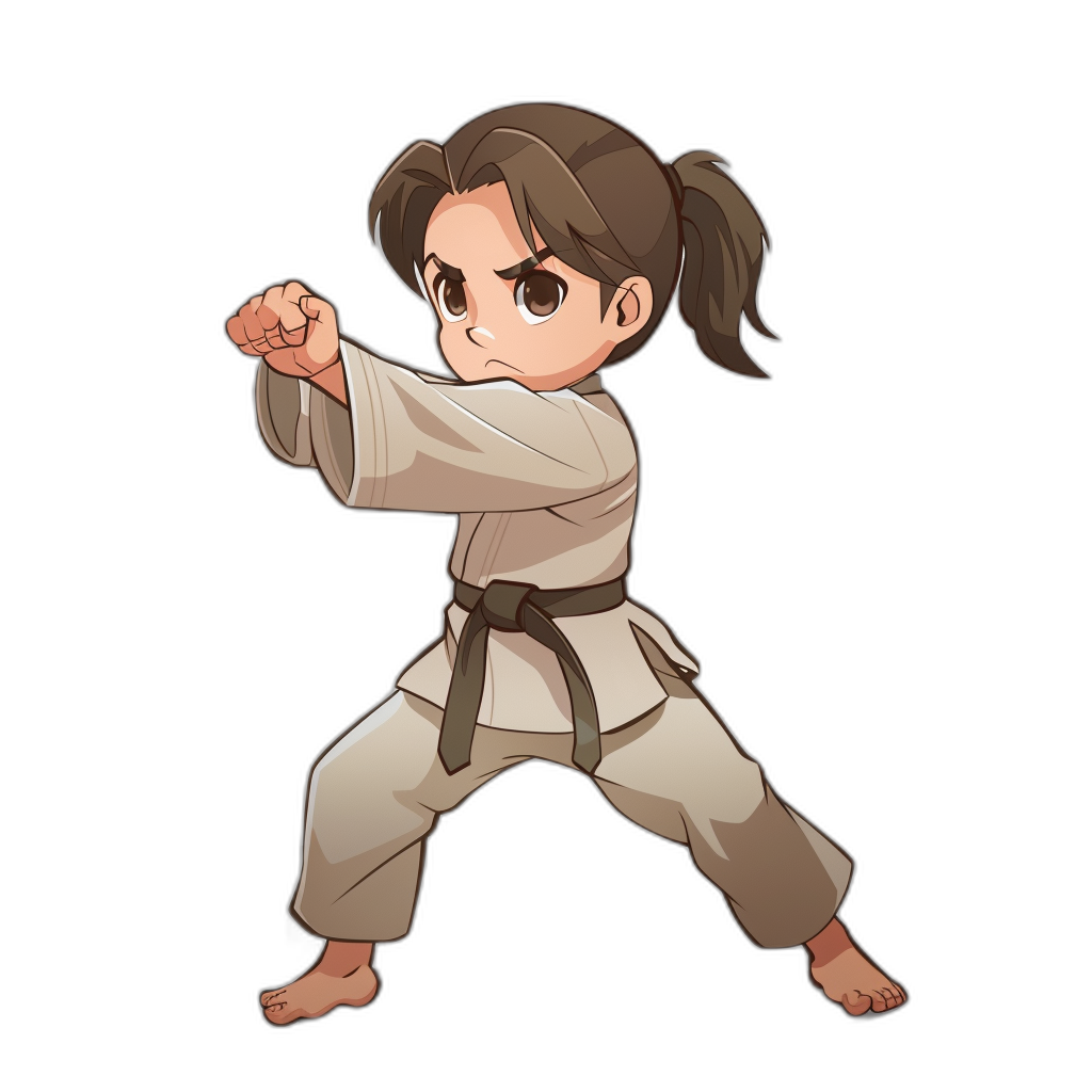 A young girl in white karate outfit, brown hair and ponytail doing stance ready to fight, simple chibi style with black background, simple vector art, anime, no shadows, 2d game design, simple colors