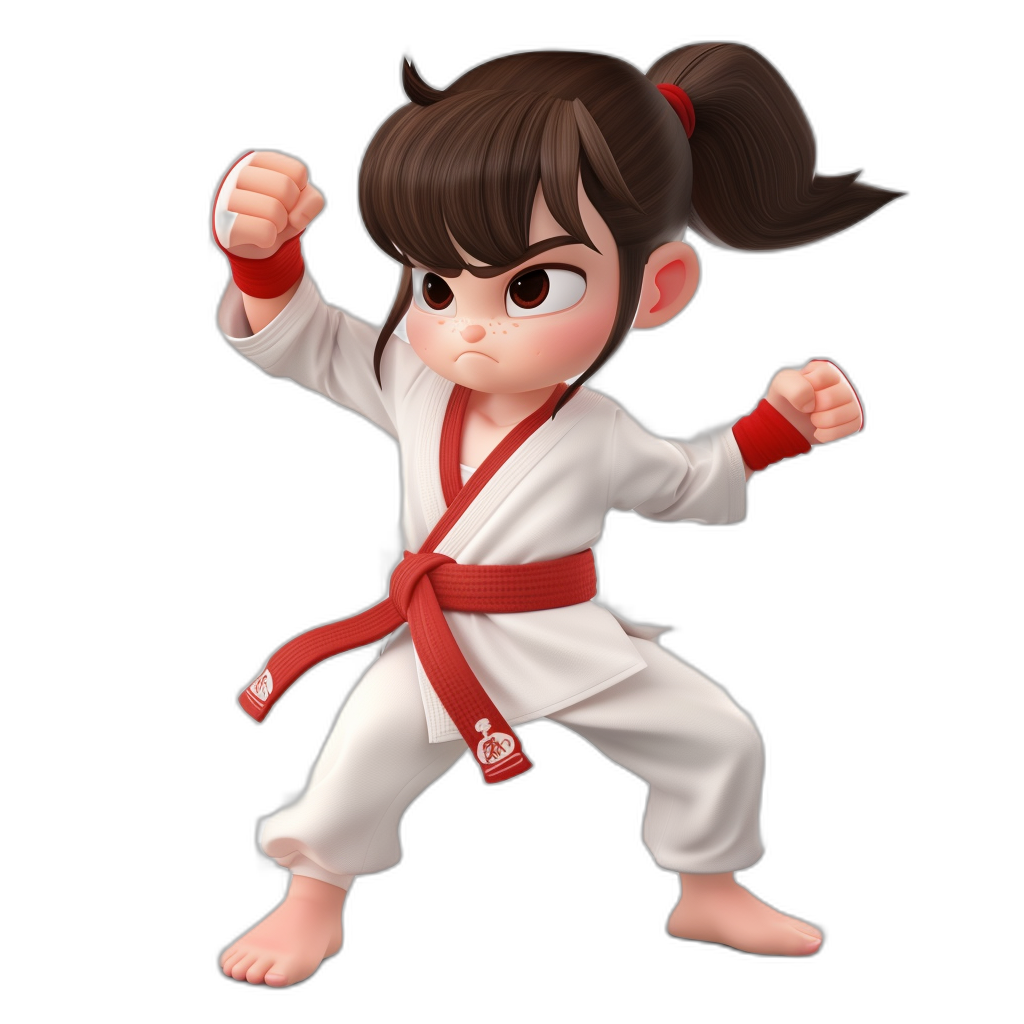 A cute little girl doing karate, red belt, white outfit, full body, black background, chibi style, in the style of Disney Pixar character design, with detailed facial features and , a character sheet with different expressions, 3d render.