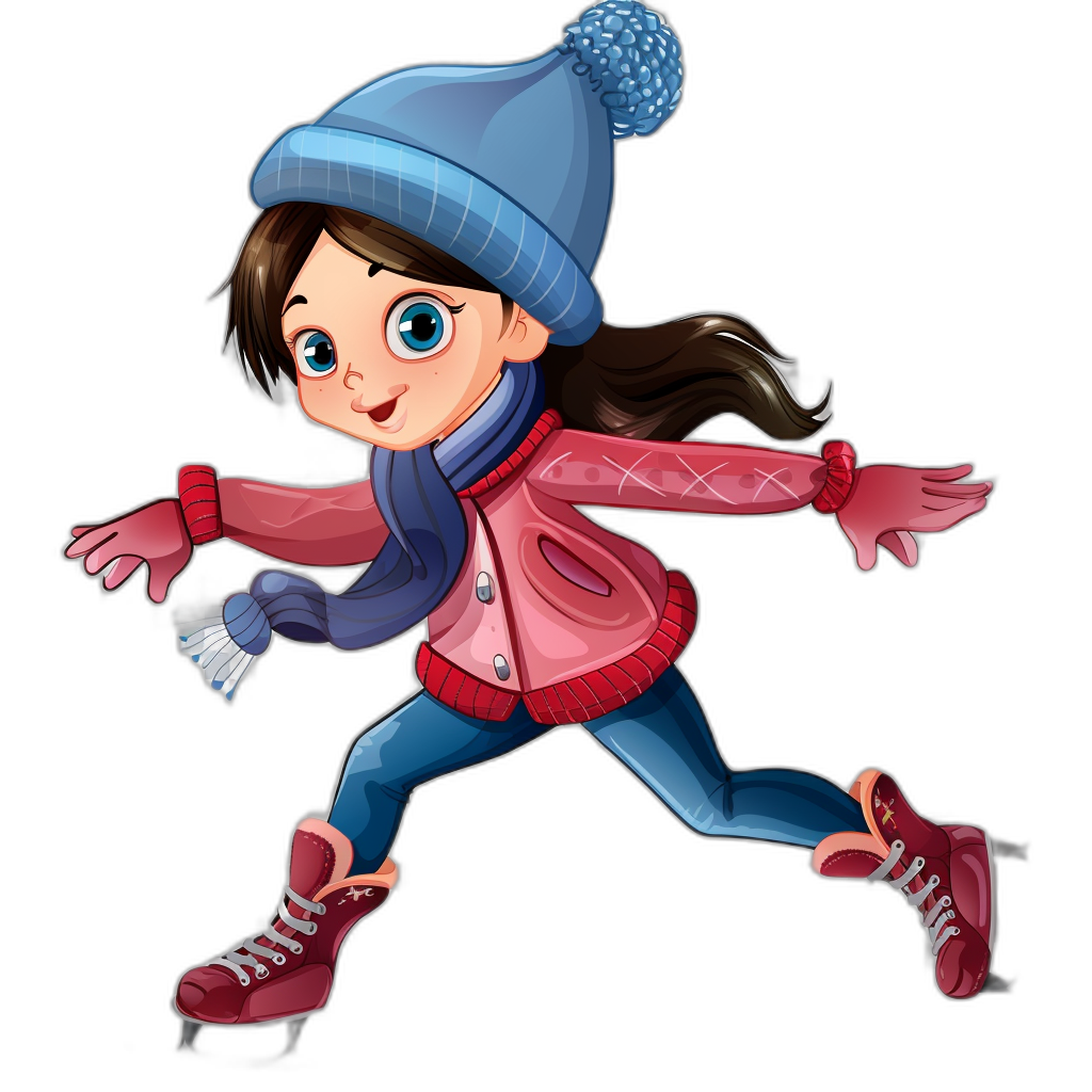 A cute girl is ice skating in winter, in the style of a cartoon, with a simple drawing on a black background. It is a vector illustration in a flat design style, showing her full body from a wide angled front view. She is wearing a blue hat and pink jacket, with red gloves on her hands and dark purple pants with burgundy shoes. She has long brown hair and big eyes with a happy expression. It is a high resolution, professional quality image with high detail and sharp focus without any blur effect.