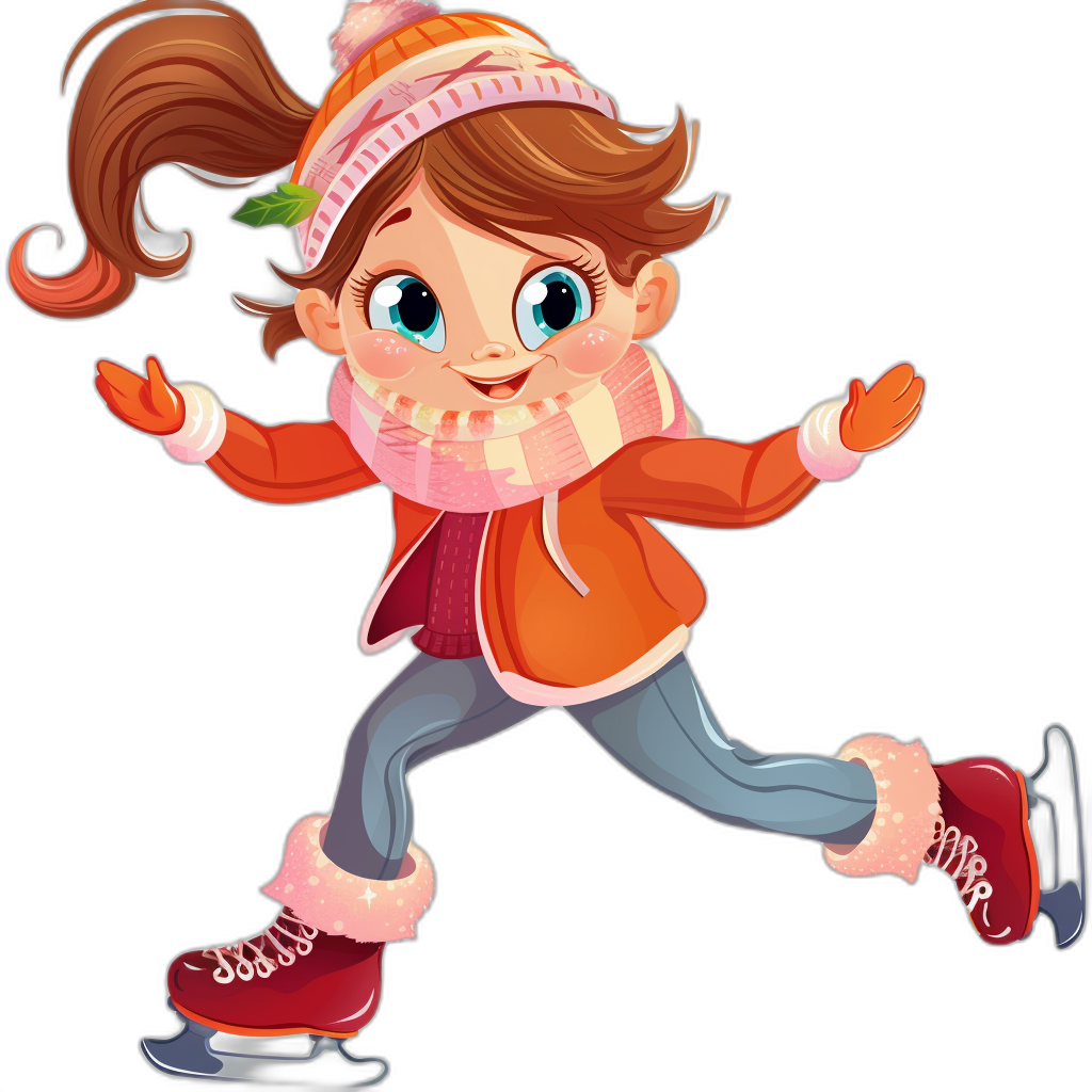 A cute little girl ice skating in the style of clip art, cartoon character, vector illustration, flat artwork with simple lines and vibrant colors. High resolution, high quality, high definition image with a black background and no shading.