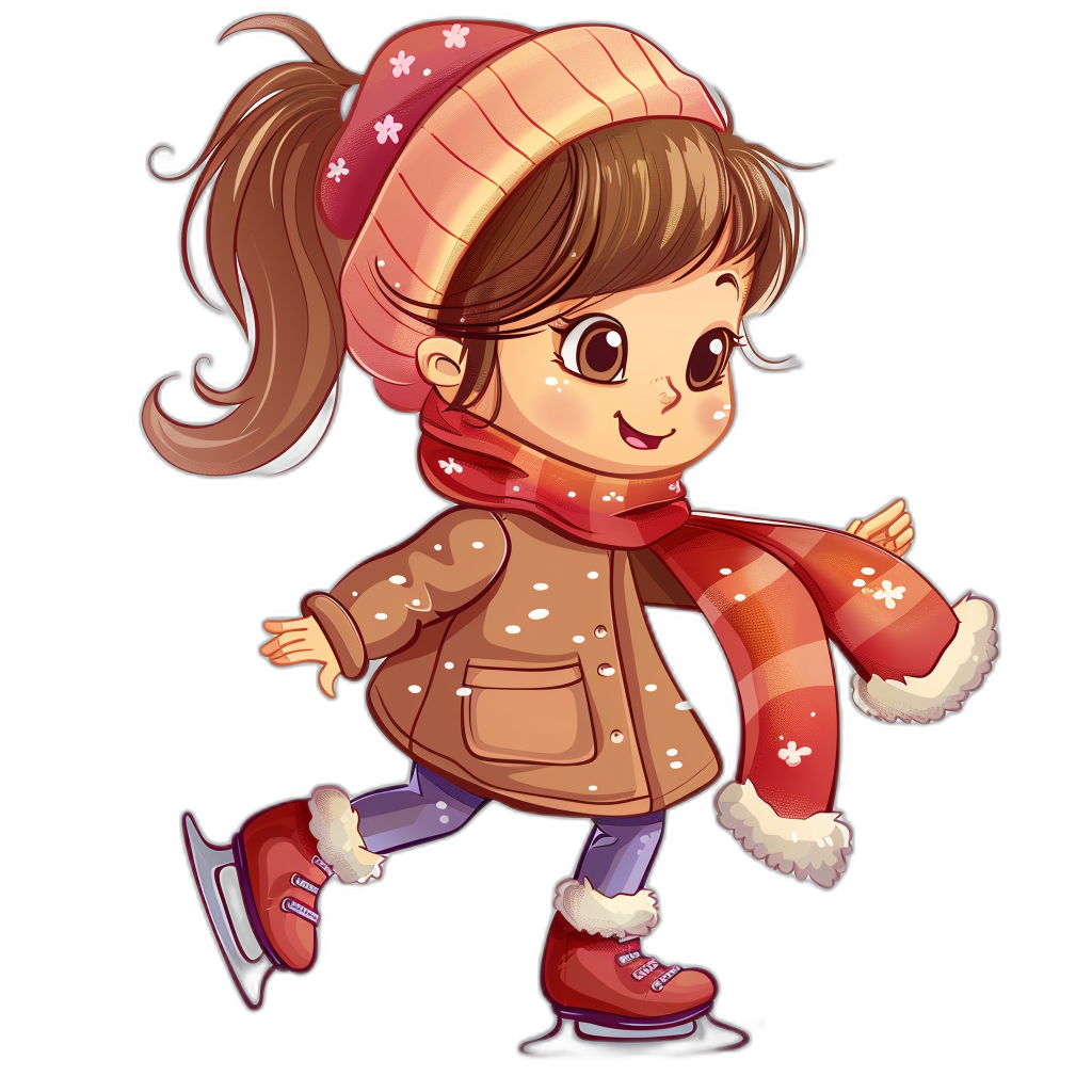 Cute cartoon girl ice skating, winter coat and scarf, vector illustration style, black background, high resolution, high quality. The illustration is in the style of a vector artist.