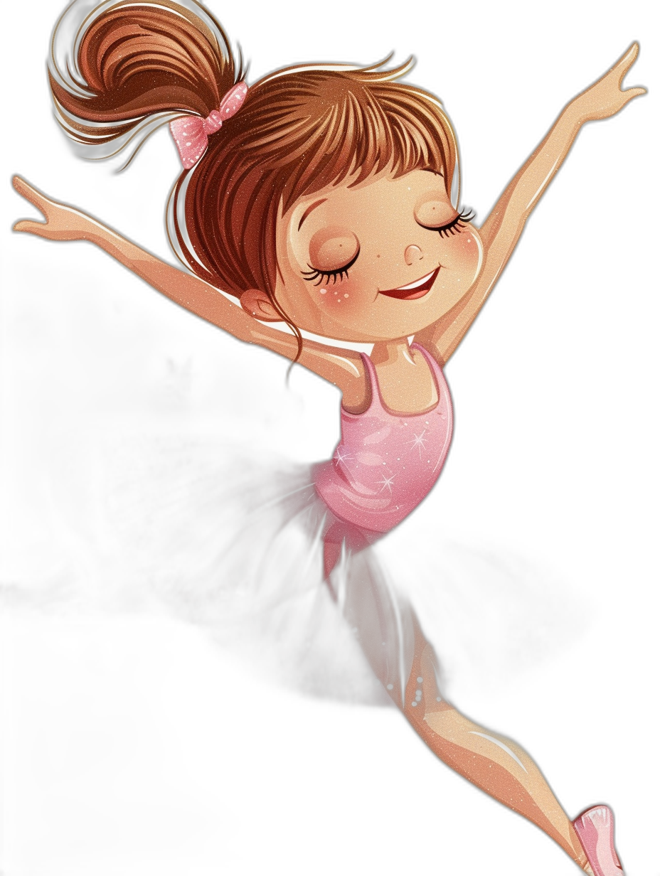 Cartoon illustration of little girl ballerina with brown hair in pigtails, pink leotards and shoes, smiling, full body shot, flying high on black background