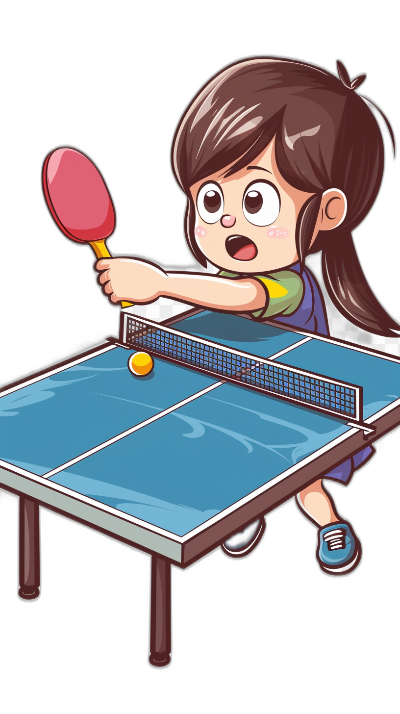 a girl playing table tennis, cartoon style, vector design, simple and cute, black background, clip art for stickers, high resolution, no text in the sticker