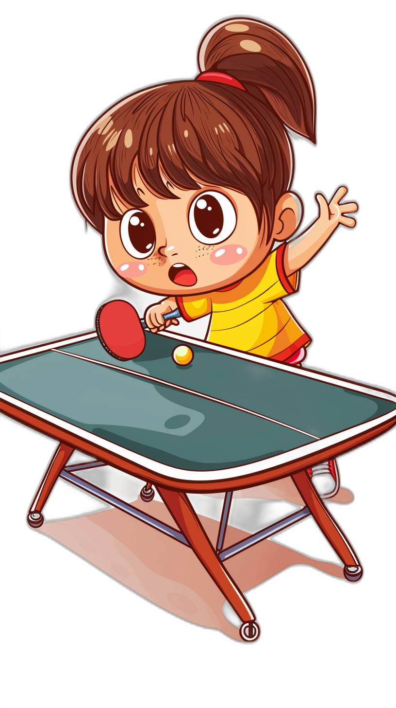 cartoon style, vector design of cute little girl playing table tennis on black background, bold colors, clean lines, sticker art cartoon, high resolution, very detailed, high definition, very sharp focus, high detail, high quality, high resolution, very detailed, hyper realistic, super detailed, full color, full body