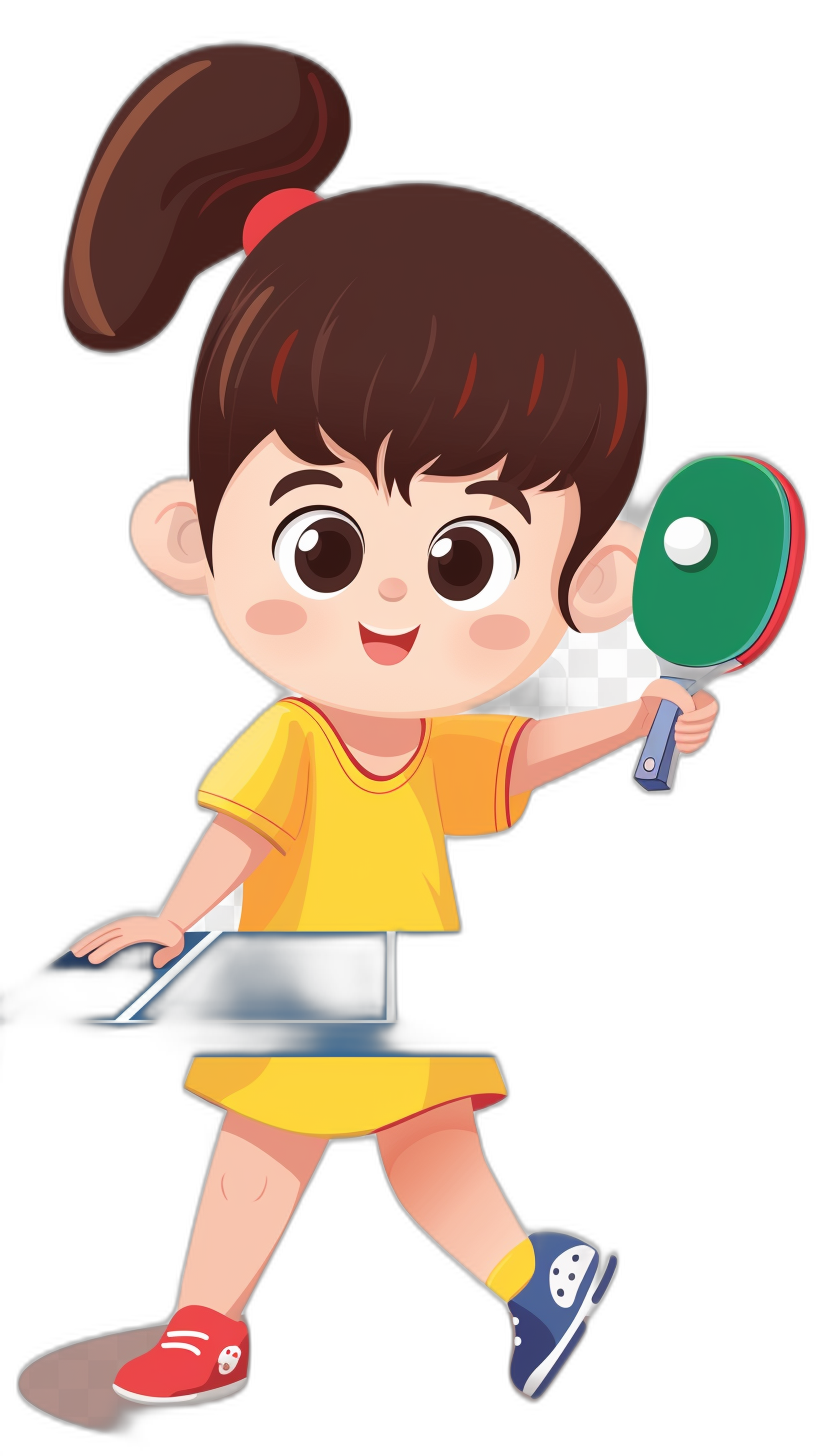 Cute cartoon girl playing table tennis, full body portrait against a black background, in the flat illustration style with bright colors. She is holding a racket and hitting a ball with it, wearing a yellow short-sleeved top and red shoes, with big eyes and a happy expression, featuring high-definition details. In the style of an unknown artist.