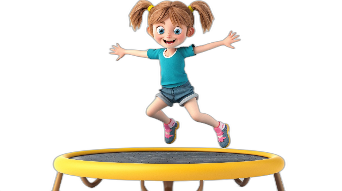 A cute little girl is jumping on the trampoline in the style of Pixar, with a black background, shown in a full body shot, as a 3D rendering cartoon character, full of vitality and a cheerful expression. She has pigtails hairstyle with a blue t-shirt and jean shorts. The yellow circular frame forms an isolated composition. High definition, high resolution, with high details and best quality.