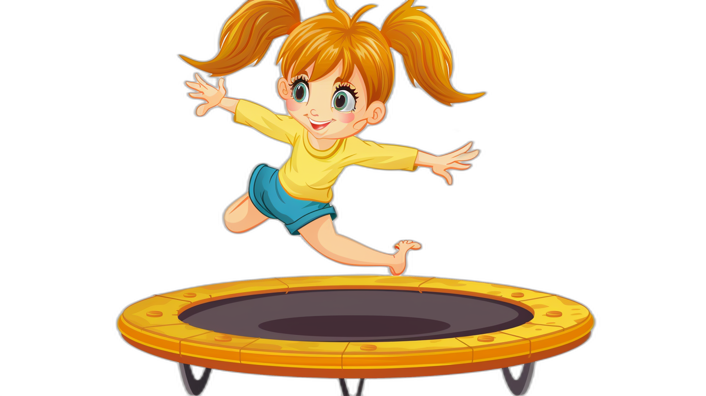 A cartoon girl jumping on the trampoline, vector illustration, black background, cute style, high resolution, no shadow, 2D. The illustration is in the style of a cartoon.