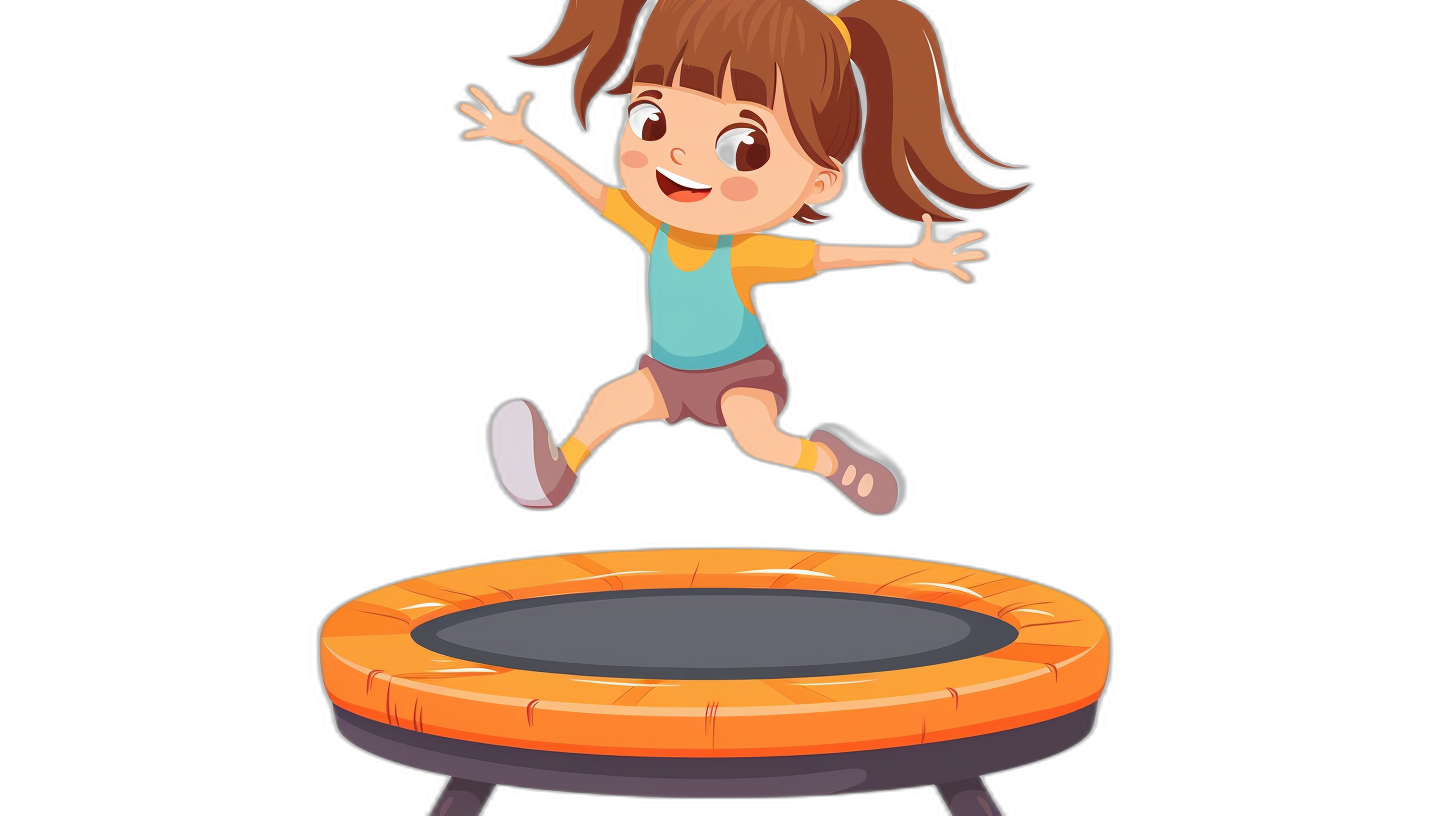 A cute cartoon girl jumping on the trampoline in a simple flat style illustration with a black background for a 2D animation with simple lines and shapes and simple details and a high saturation color scheme with bright colors in high resolution for the best quality with high detail.