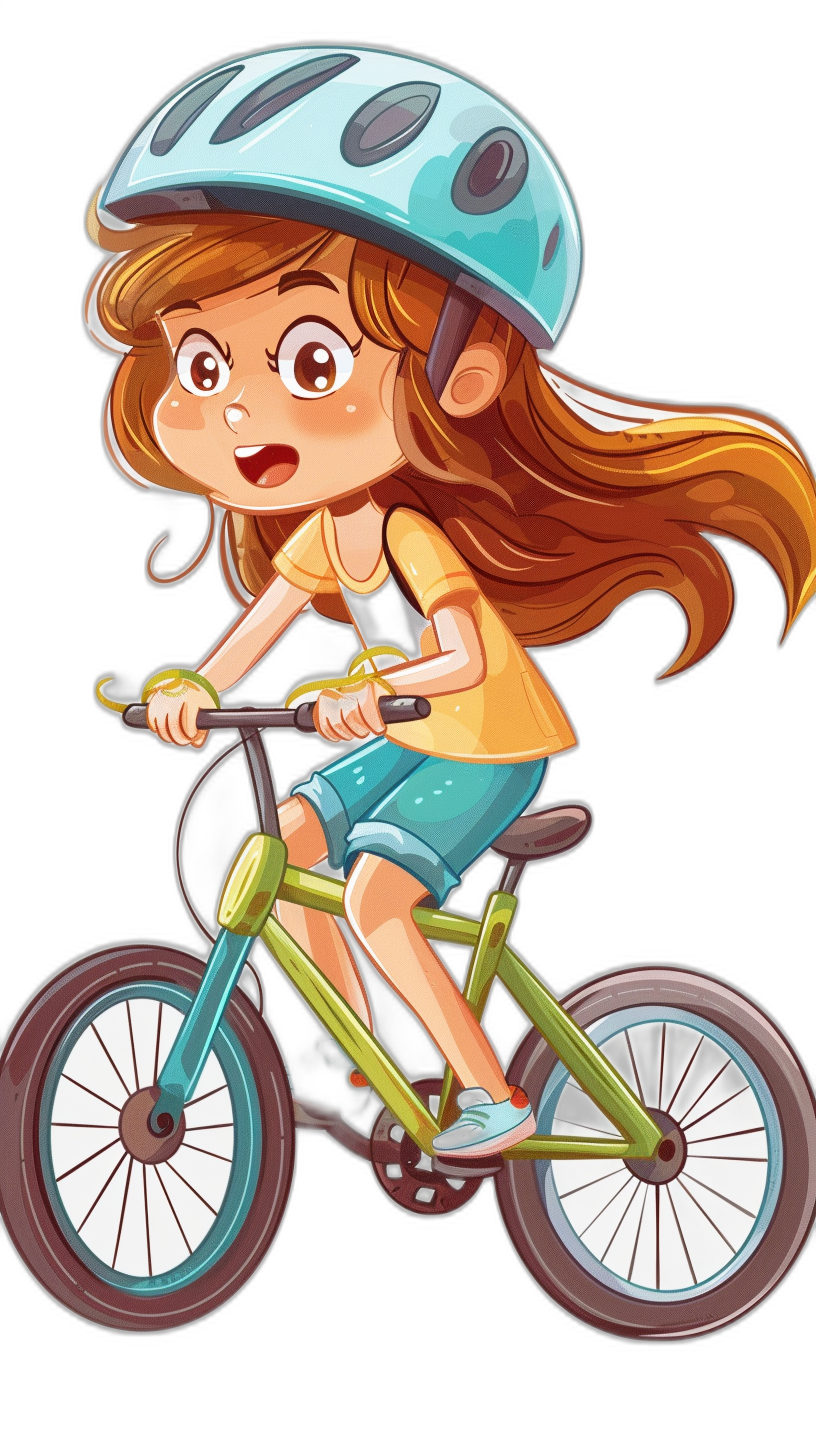 A cute girl riding a bicycle with a helmet, in the style of a cartoon, vector design, simple black background, high resolution, high details, high quality.