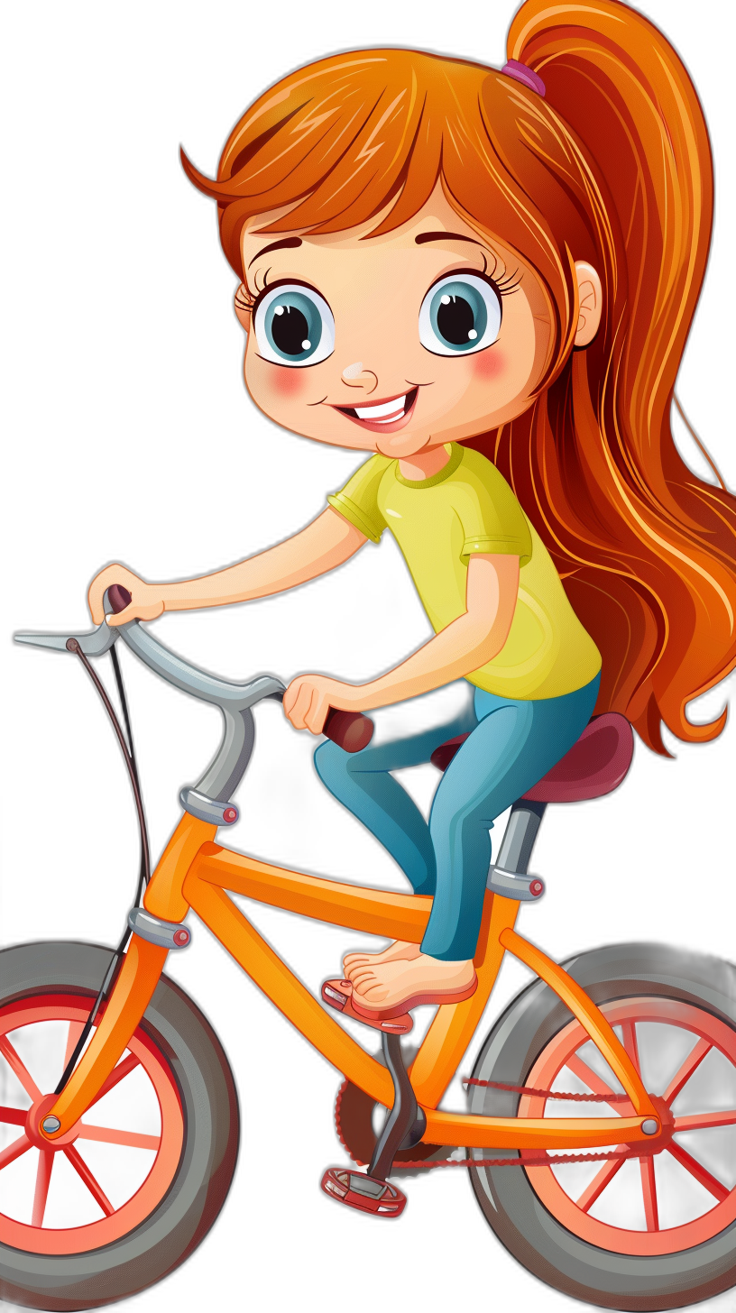 A cute little girl with red hair and blue eyes is riding an orange bike in the style of a cartoon vector illustration on a black background, with a cute character design, like 2d game art, with a simple design and color palette, at a high resolution with high contrast, quality and detail, with sharp focus and clarity, like professional photography with natural light and cinematic lighting, featuring bright and vibrant colors against a solid white background.