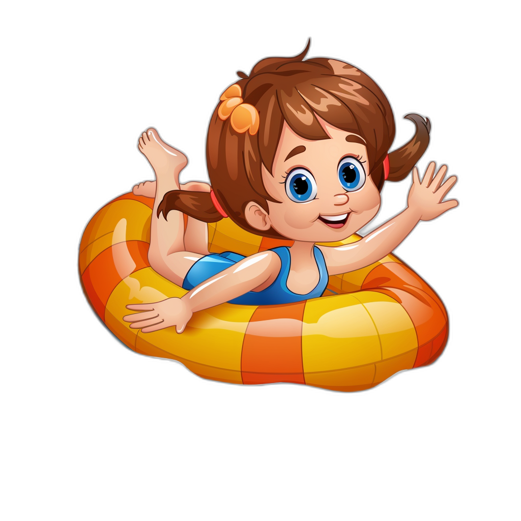 A little girl is lying on an inflatable ring, swimming in the pool with her eyes open and smiling happily. The cartoon vector illustration has clear edges and is set against a black background. It features bright colors, high definition resolution, and a front view in the style of the artist.