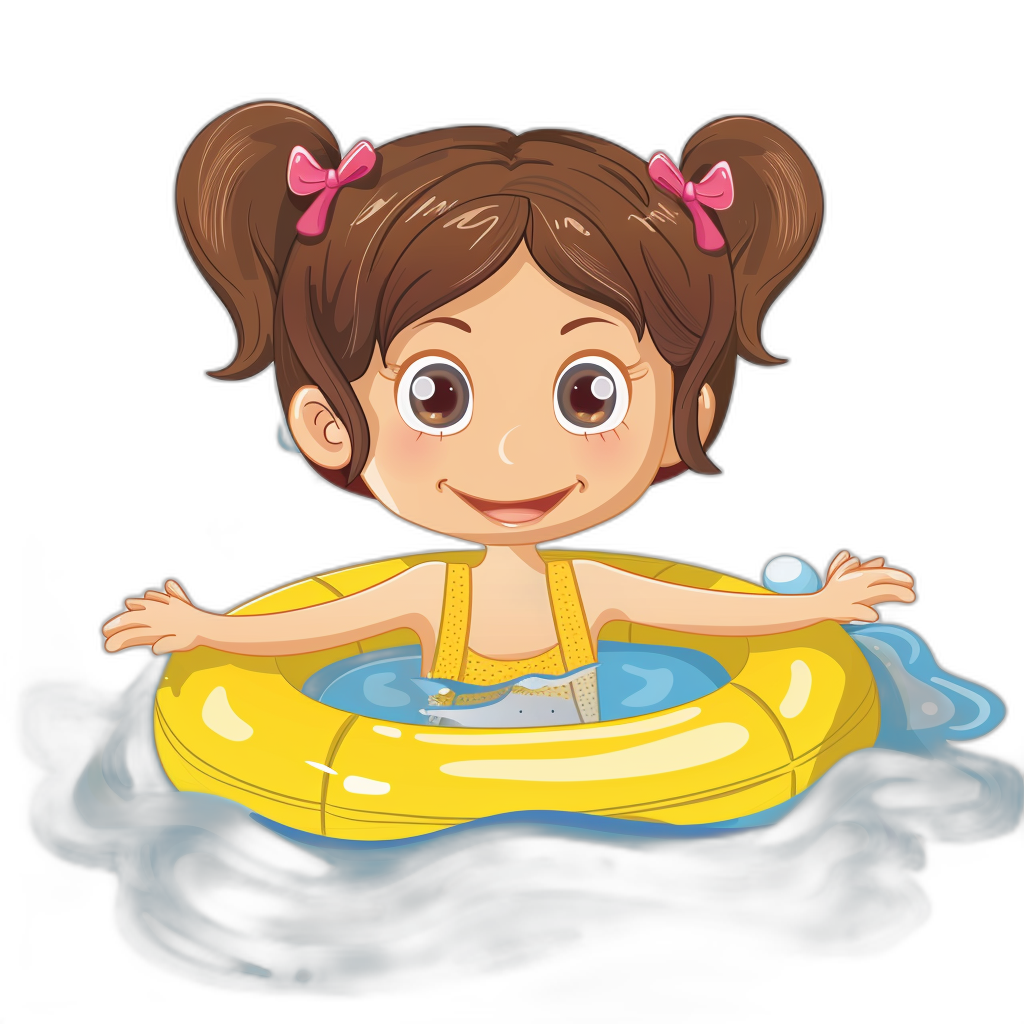 A cute little girl with pigtails is floating in an inflatable ring on the water, in the style of a cartoon vector illustration for tshirt design, sticker art, or clipart against a solid black background. The illustration is high resolution and high detail, showing the cute and adorable girl.