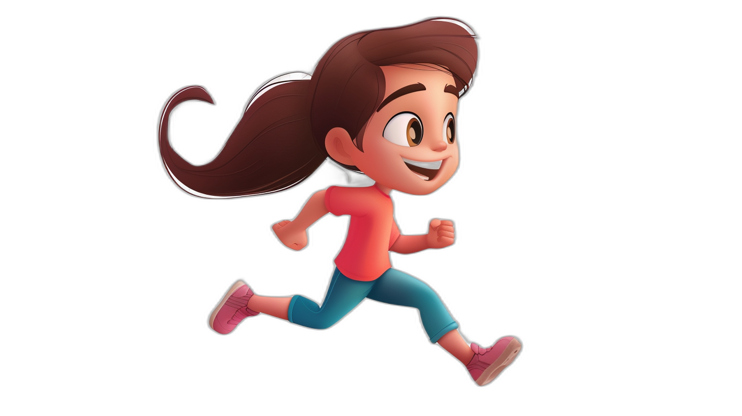 A girl running with a smiling face, wearing a red shirt and blue pants. She has brown hair in a ponytail style and pink shoes. The cartoon character design has a black background with 3D rendering in the style of Pixar animation. It is a high resolution, high detail, high quality 2d flat illustration in the style of Disney Pixar.