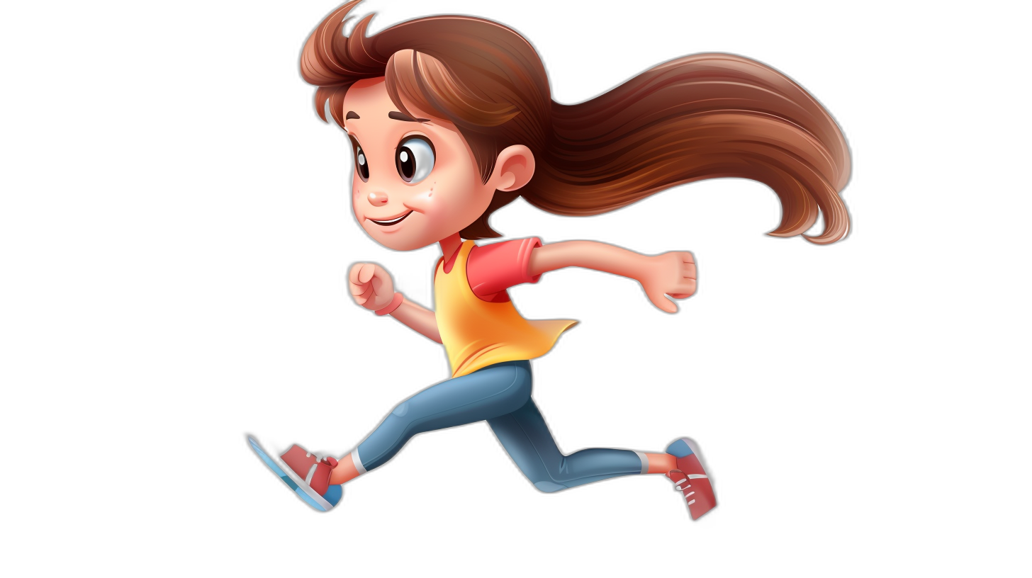 A cute cartoon girl running full body clip art for motion graphics in the style of plain black background, high resolution.