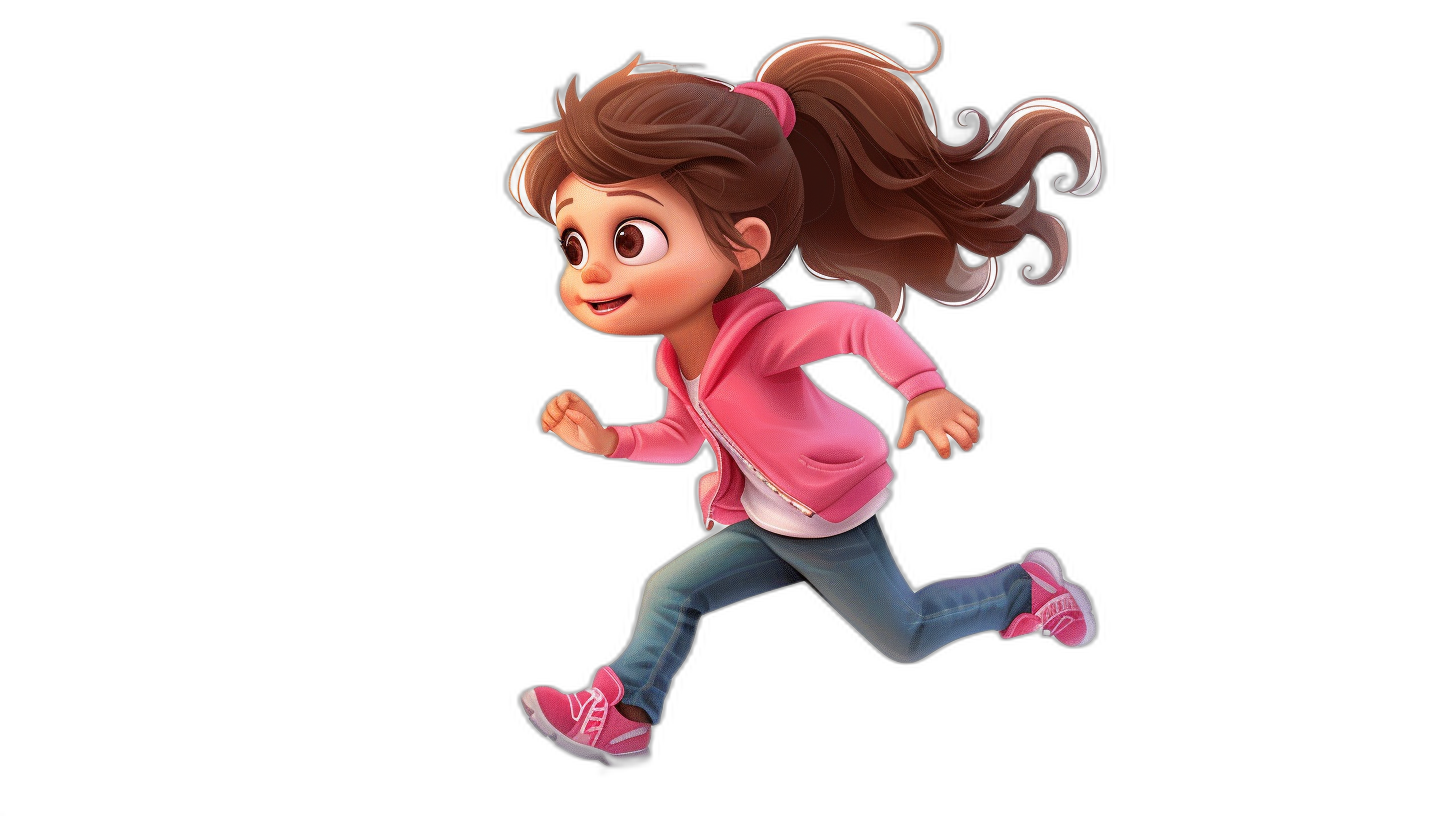 A cute girl in a pink jacket and jeans running in the style of Pixar, as a cartoon character with a black background.