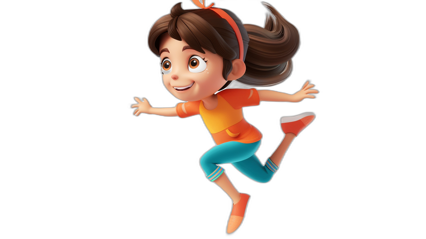 A cute girl is running, jumping and playing happily in the air, in the style of Disney. She is a simple cartoon character with a black background. She has brown hair, wears an orange shirt, blue pants and red shoes. The illustration of her head was created using C4D renderer technology, with high resolution and detailed textures. Her cheerful expression adds to its charm, making it suitable for children’s books or animated films.