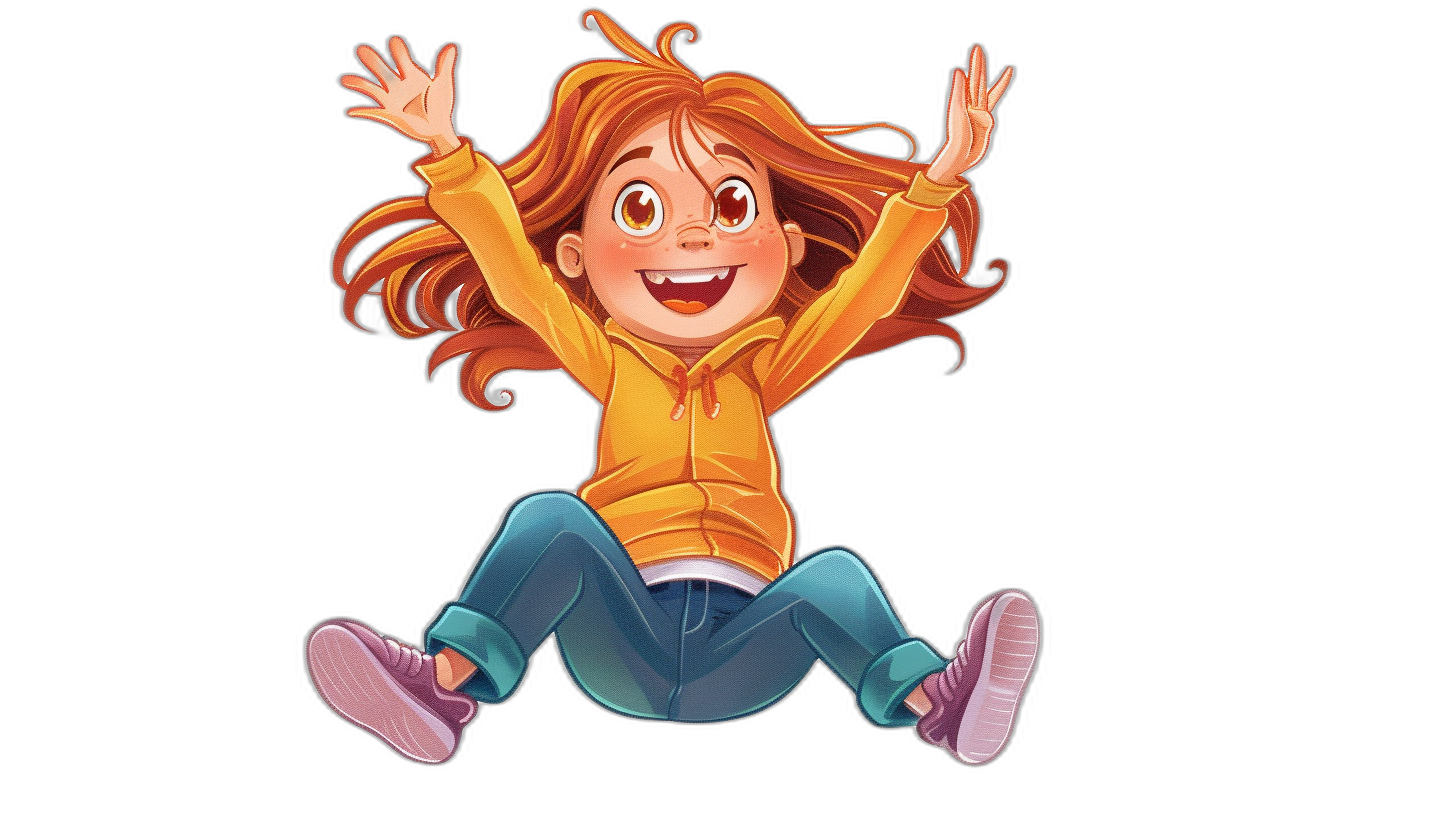 A young girl with red hair, wearing blue jeans and an orange sweatshirt is jumping for joy in the air against a black background in the style of a cartoon children’s book illustration showing her full body in a wide shot in the style of Pixar art and Disney animation with a 2D game design style using flat colors at a high resolution and with high detail featuring bright colors. She looks cute and colorful with a smiling face and hands raised up wearing purple shoes.