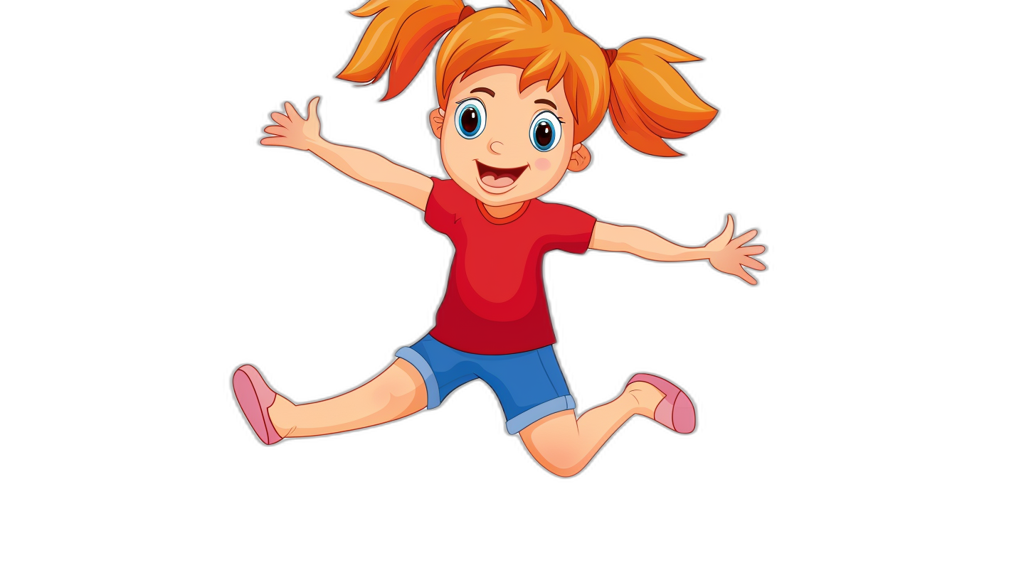 A cute cartoon girl is jumping up in a simple drawing style against a black background. She wears a red t-shirt and blue shorts with orange hair in pigtails and a happy expression. The full body shot illustration is of high quality and high resolution in the style of a children’s book illustration.