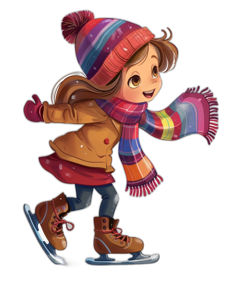 A cute girl skating, wearing winter  and gloves, in the style of a cartoon with a colorful scarf, hat, and coat against a black background, in a full body shot, clipart style.