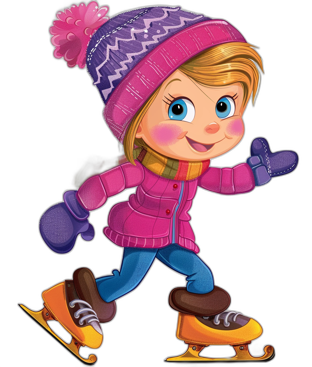 A cute little girl is ice skating, wearing winter  and gloves, in the style of vector art illustrations, colorful cartoonish designs, on a black background, wearing a pink hat with purple trim, blue pants and boots, with bright eyes and a big smile.