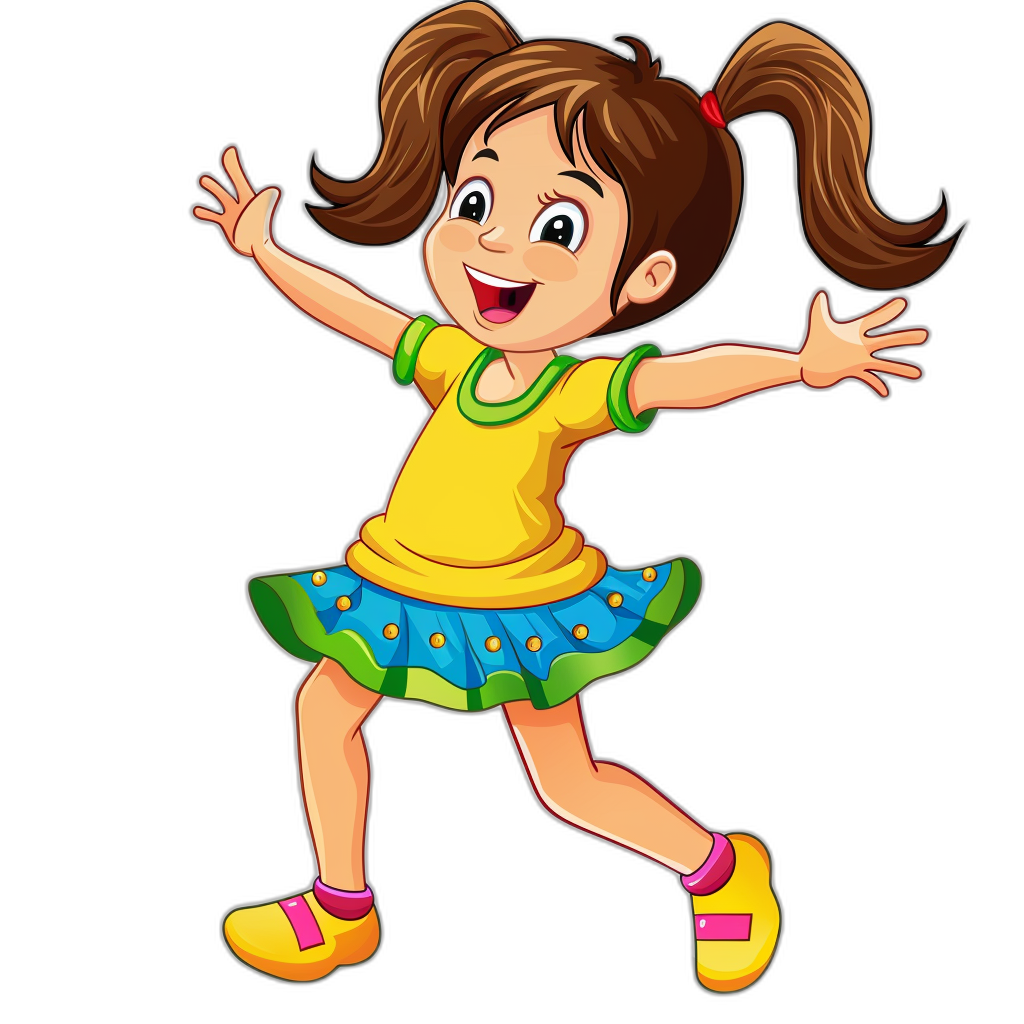 A cute happy cartoon girl with pigtails in a yellow shirt and blue green skirt dancing in the style of clip art, isolated on a black background, high resolution photo, with high detail.