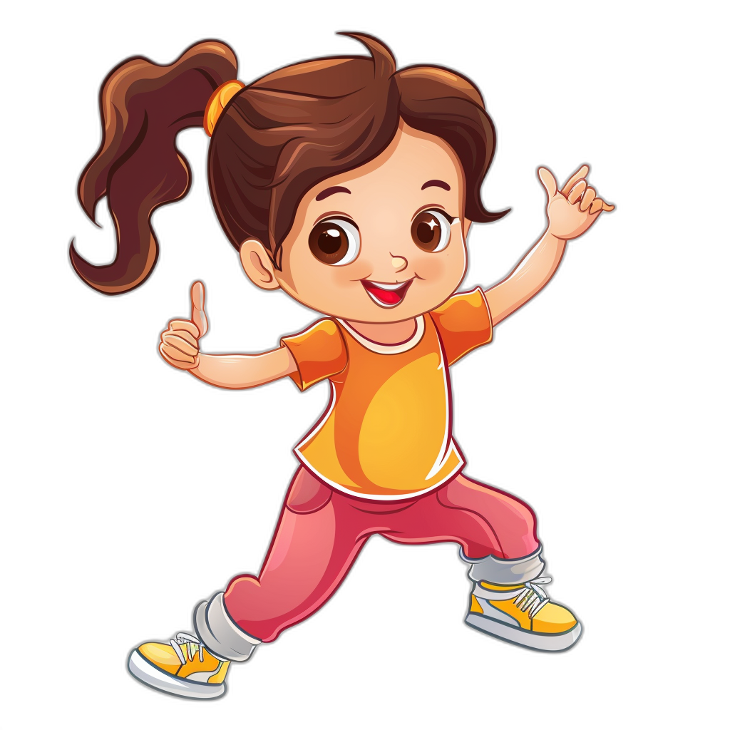 A cute little girl in sportswear, smiling and doing a pose with one hand raised to the side of her head while walking on a black background. She has brown hair tied into pigtails and is wearing yellow shoes. The style should be in the style of a cartoon character with clear outlines for easy cutout. It is a vector graphic illustration with no text, isolated on a dark red or white background.