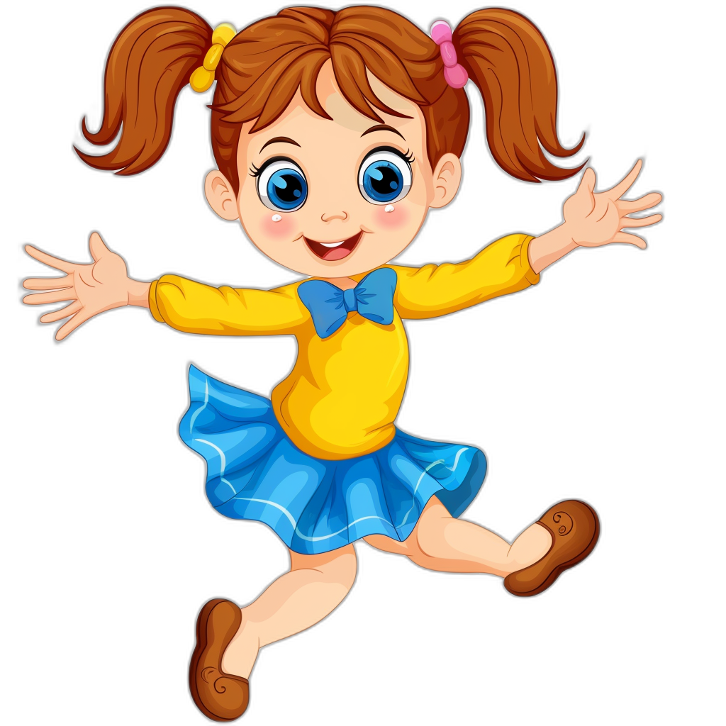 A cute cartoon girl with pigtails in a yellow shirt and blue skirt is jumping against a simple black background in the style of a colorful clipart drawing for kids.