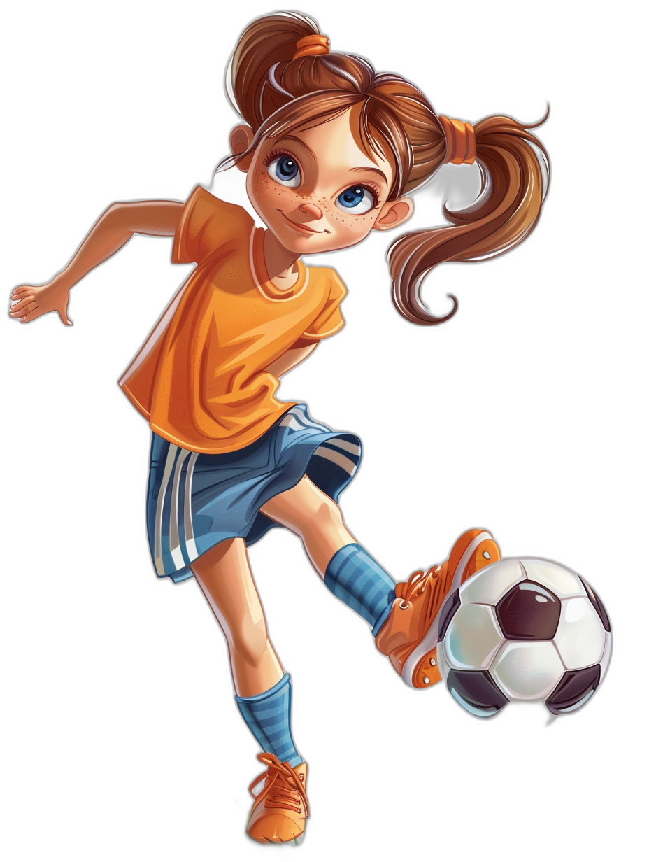 Cartoon girl playing football, dressed in orange and blue short sleeves with white lines on the chest area, black background, cartoon style, Disney style, playing soccer, wearing brown shoes, double ponytail hair, big eyes, high quality, high detail, high resolution, high definition