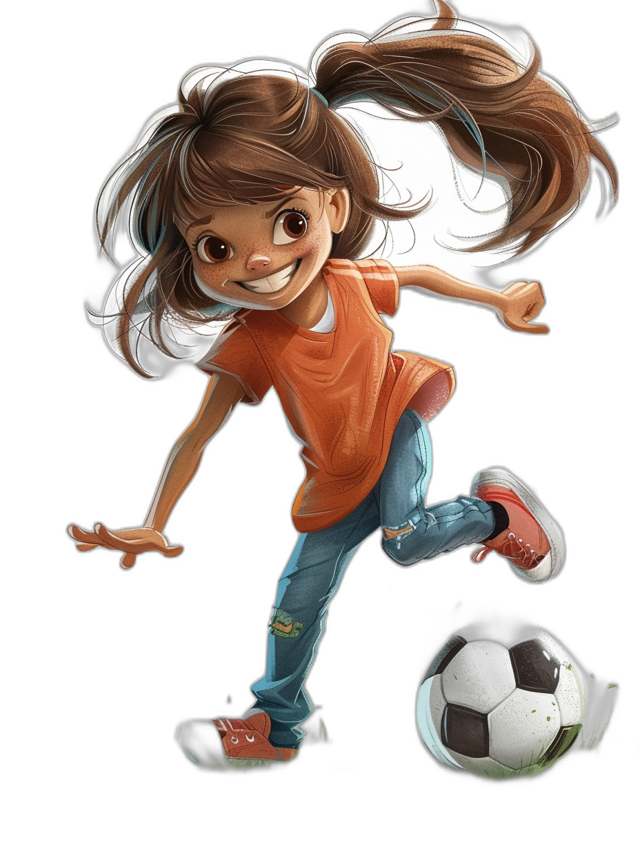 A cute little girl is playing football in a cartoon style against a black background, in the style of Disney Pixar, as digital art with a simple design. It is a very detailed full body portrait of her with a happy expression, smiling and laughing with long hair in a ponytail. She is wearing an orange t-shirt and blue jeans with red shoes as she kicks the ball. It is a very realistic character illustration with high definition.