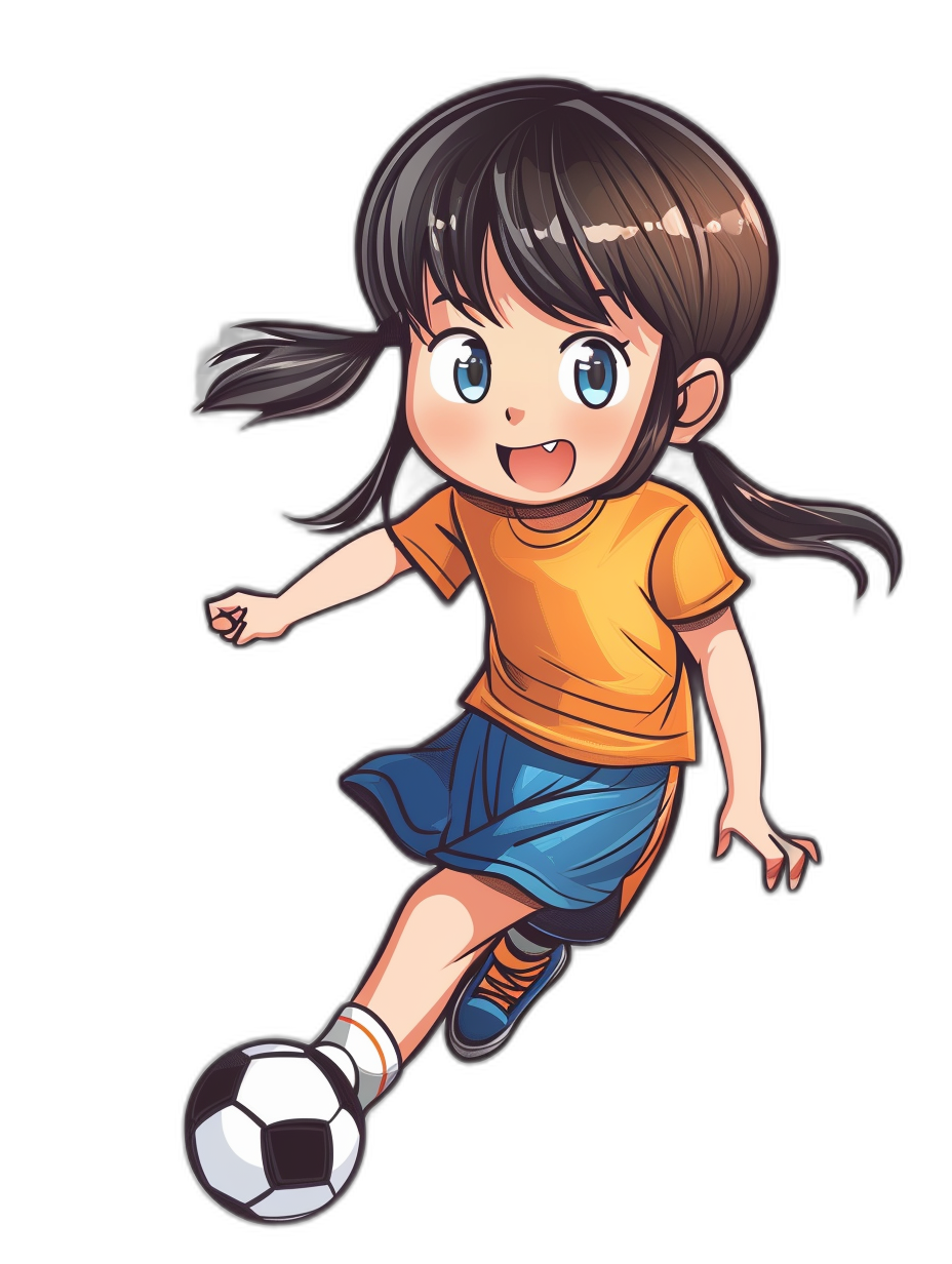 chibi, A girl in an orange T-shirt and blue shorts is kicking the soccer ball against a black background color in the style of cute Japanese anime.