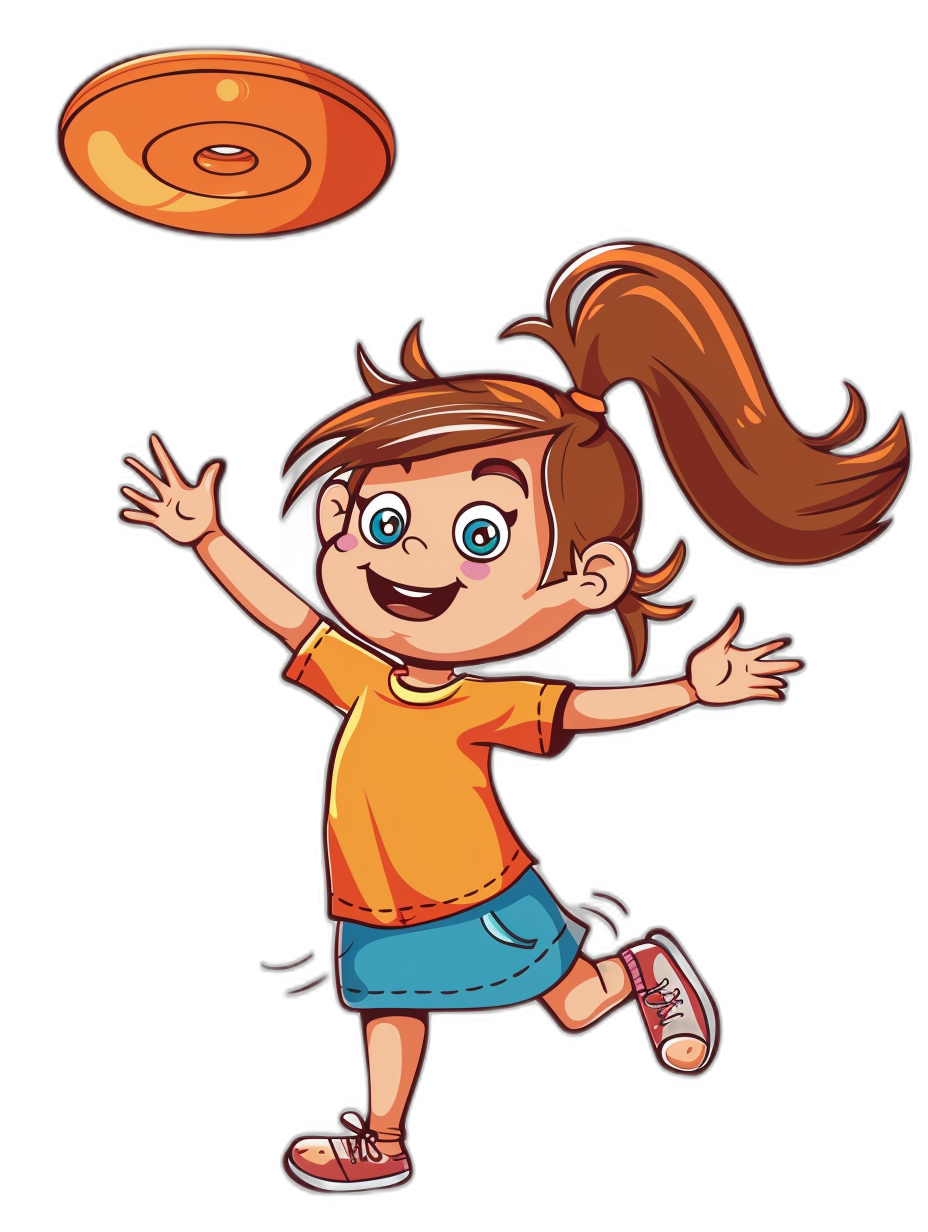 A cute cartoon girl playing frisbee, vector illustration with a black background in the style of unknown artist.