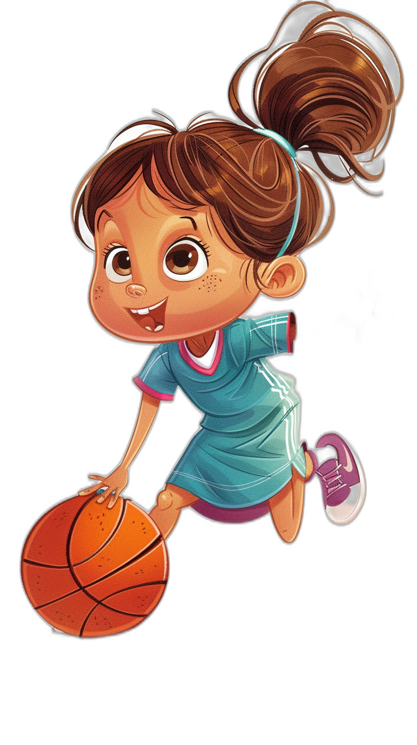 A cute little girl in a basketball uniform is playing basketball in a cartoon style with a black background. She has brown hair and wears pink shoes. The character design should be lively and full of energy, suitable for children’s book illustrations or animated movie posters. It features detailed facial expressions that convey joy and excitement as she dribbles the ball around her head in the style of an animated character.