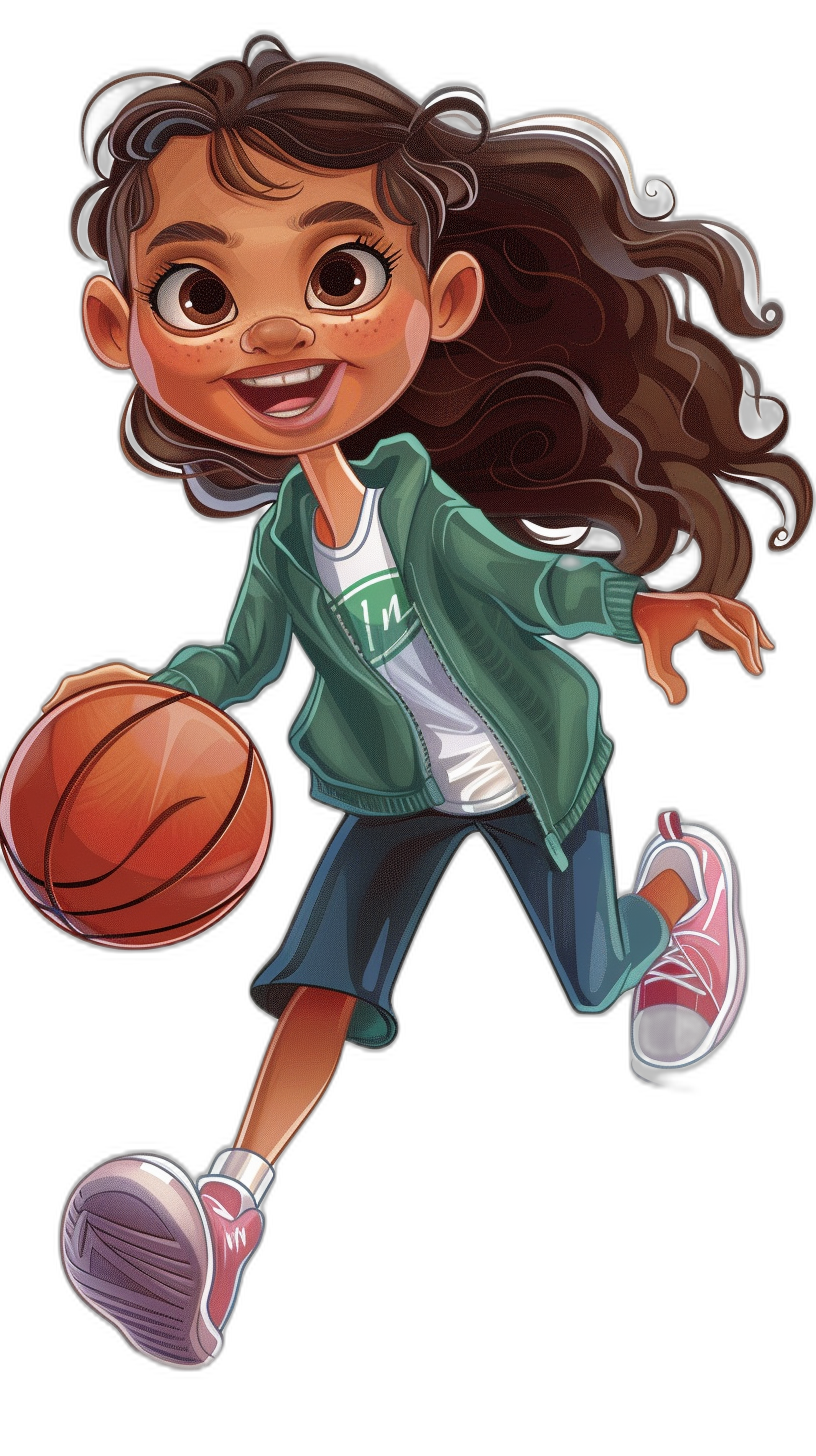 A cute little girl playing basketball, wearing a green jacket and a white t-shirt with “M” on it, with long brown hair in a ponytail style, pink shoes, smiling expression, cartoon character illustration, in the style of Disney Pixar art.