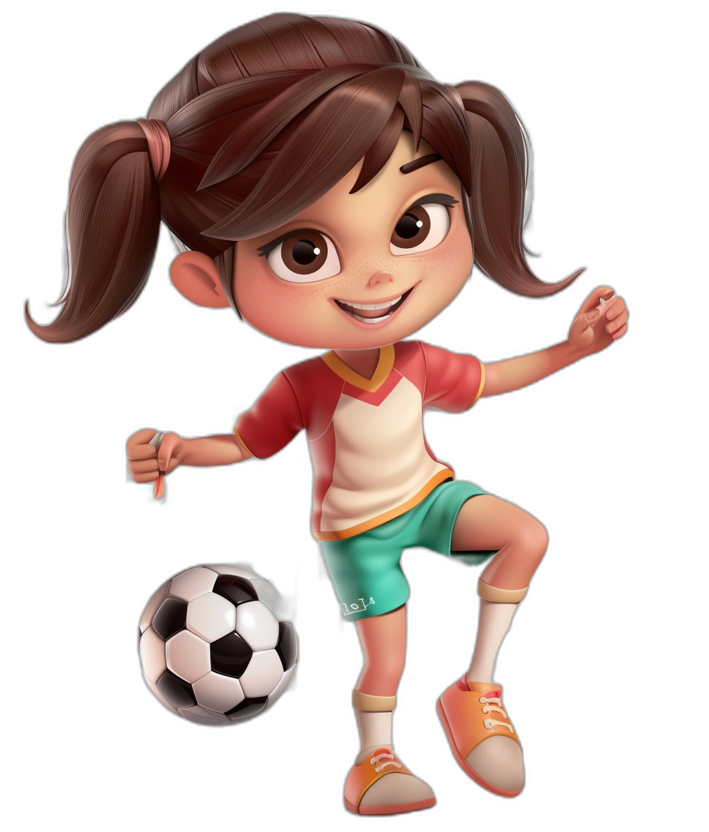 A cute girl playing football in a full body shot with a black background, in the style of Disney as a cartoon character in the game, a cute little brown haired girl with big eyes, wearing a red t-shirt, white short sleeves, green shorts and orange shoes, holding a soccer ball, with a smiling expression and playful pose. The illustration was created using digital art techniques, featuring vibrant colors and detailed textures to capture attention from children of all ages.