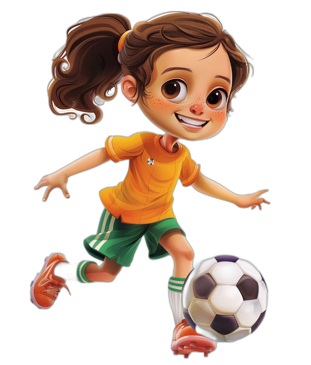 A cute little girl playing soccer in the style of Disney Pixar. The cartoon style illustration has a black background. The character design shows a full body character sheet of a white and yellow girl with green shorts. She is wearing orange shoes and has big eyes with a smiling face. The brown haired girl has her hair in a ponytail and is holding a ball under her arm. The rendering is of high quality.