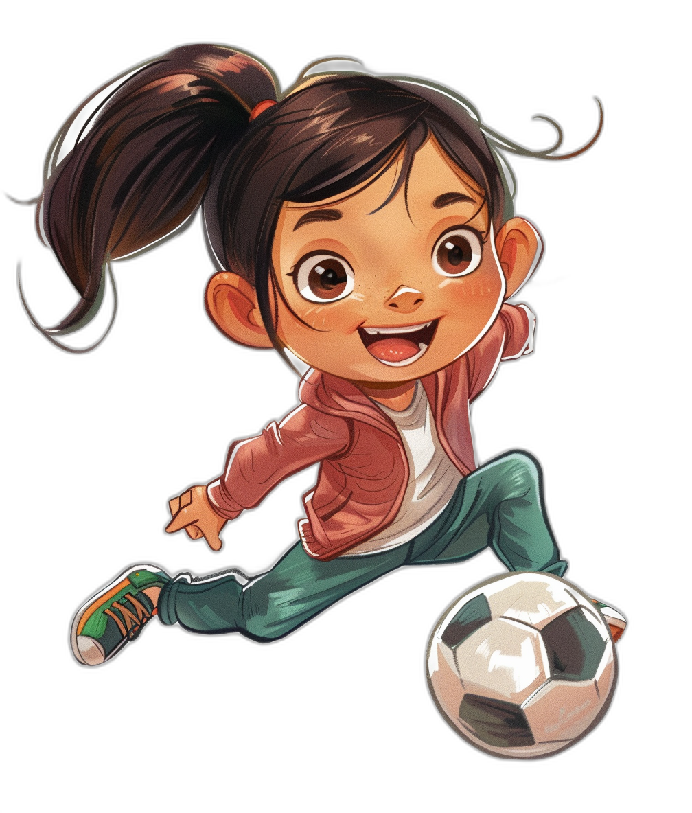 Chibi cartoon character of an Asian girl playing soccer on a black background, wearing a pink jacket and green pants, with brown hair in a ponytail and bangs, big eyes, smiling, jumping while kicking the ball, high quality in the style of an anime artist.