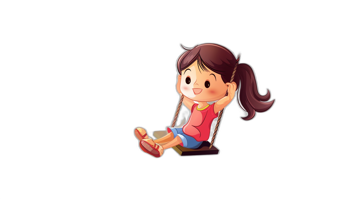 A cute little girl sitting on the swing, smiling happily. She is shown from the side against a black background in a simple cartoon style using flat illustration with high quality, high resolution details.