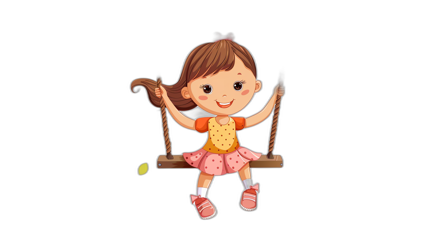 A cute little girl is sitting on the swing, smiling happily. The illustration is in the style of a vector style with a black background and simple lines. It has a cartoon character design. She has brown hair in pigtails wearing pink shoes, a yellow skirt, and an orange top. The light source from above illuminates her face, highlighting its features. It uses vector graphics and flat illustrations, with simple shapes to create adorable characters. The image is high resolution and high quality.