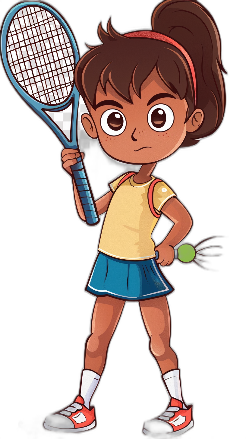 A cartoon girl playing tennis in a vector illustration in the style of Dora The Explorer on a black background. The full body illustration shows the girl wearing a skirt and tshirt with a headband, holding a racket with one hand and a ball in the other hand. She has a determined expression with cute, big eyes and brown hair in a ponytail. The girl is also wearing sneakers and has a red arm band around her neck. It is a character sheet.