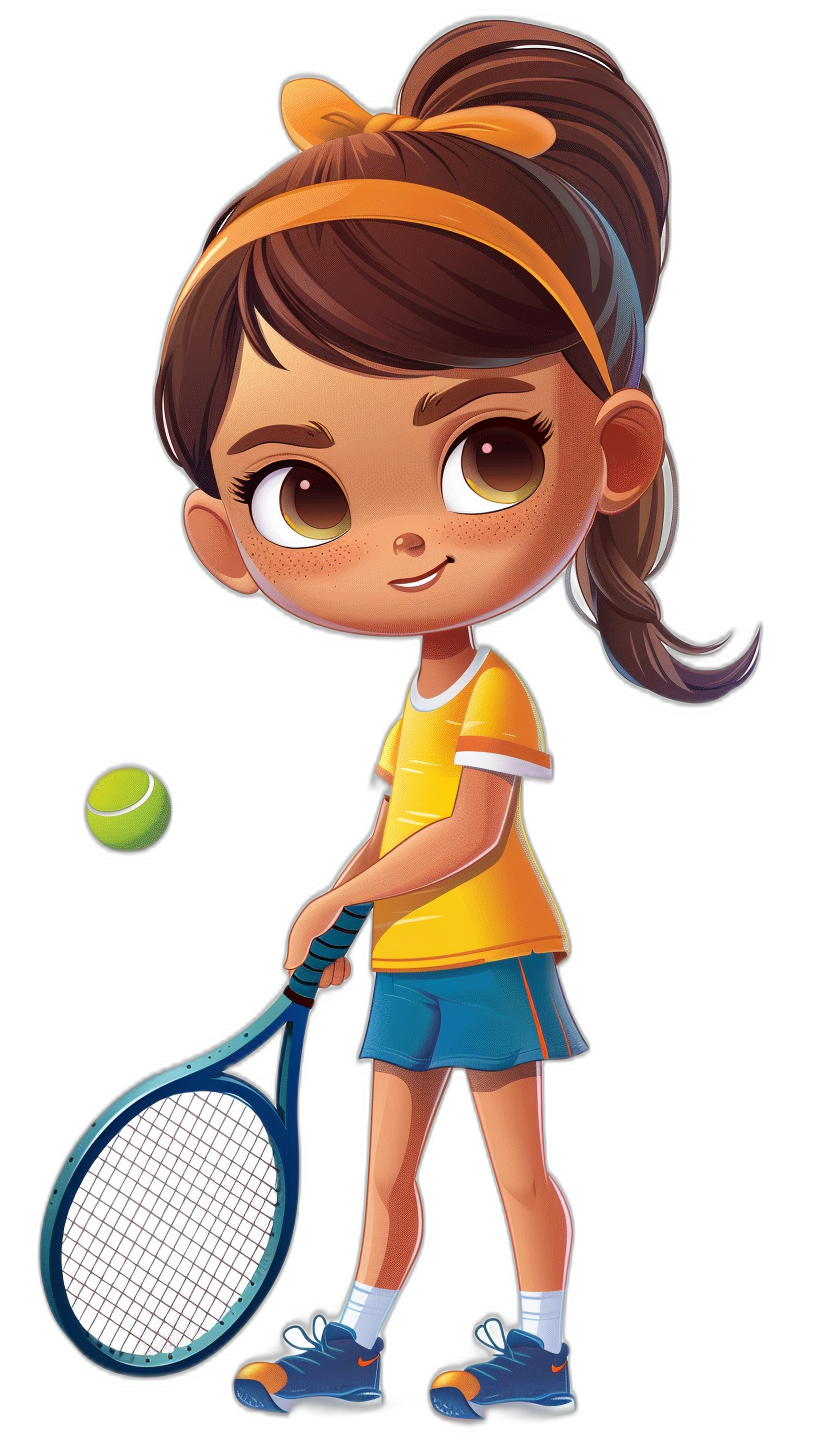 Cute little girl playing tennis, holding a racket in her hand, wearing a yellow t-shirt and blue shorts with an orange headband in her hair, in the style of a cartoon character illustration, resembling a Disney Pixar animation movie poster, showing her full body, isolated against a black background, with big eyes, brown skin tone, and a cute facial expression, with high details.