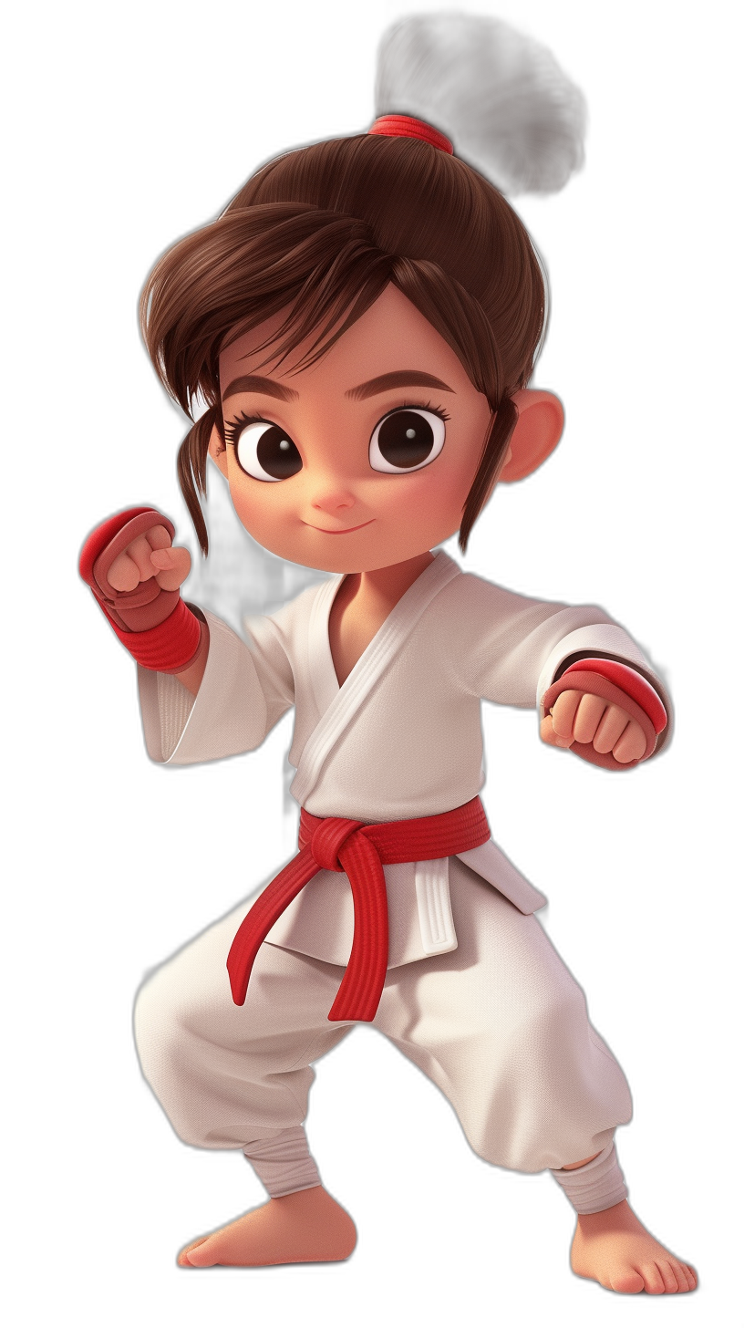 A little girl in a white karate uniform with a red belt is doing various martial arts moves. She has brown hair and big eyes. The background is black. The character design is in the style of Pixar with a full body shot of the cartoon character.