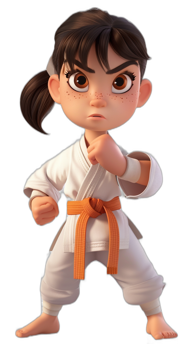 A little girl with dark brown hair in pigtails, she is wearing a white karate outfit and an orange belt. Her eyes have the same color as her bangs, doing martial arts poses. 3D Disney-detailed illustration with Pixar quality, children’s storybook character against a black background, in the style of a cute style.