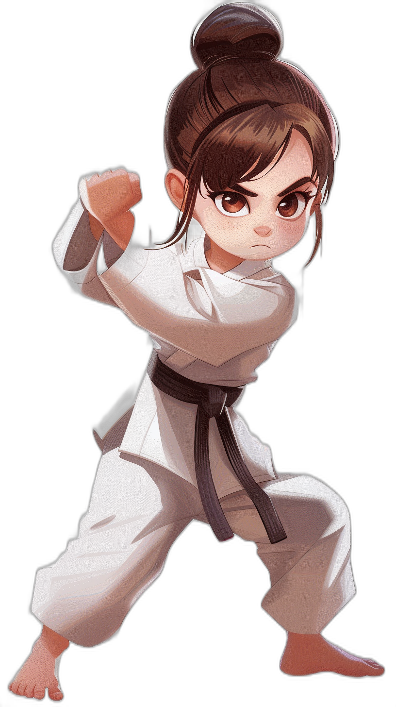 chibi female martial artist in a white gi with a black belt, brown hair and dark eyes in the style of [Kawacy](https://goo.gl/search?artist%20Kawacy) game art, on a black background, cartoon character design sheet