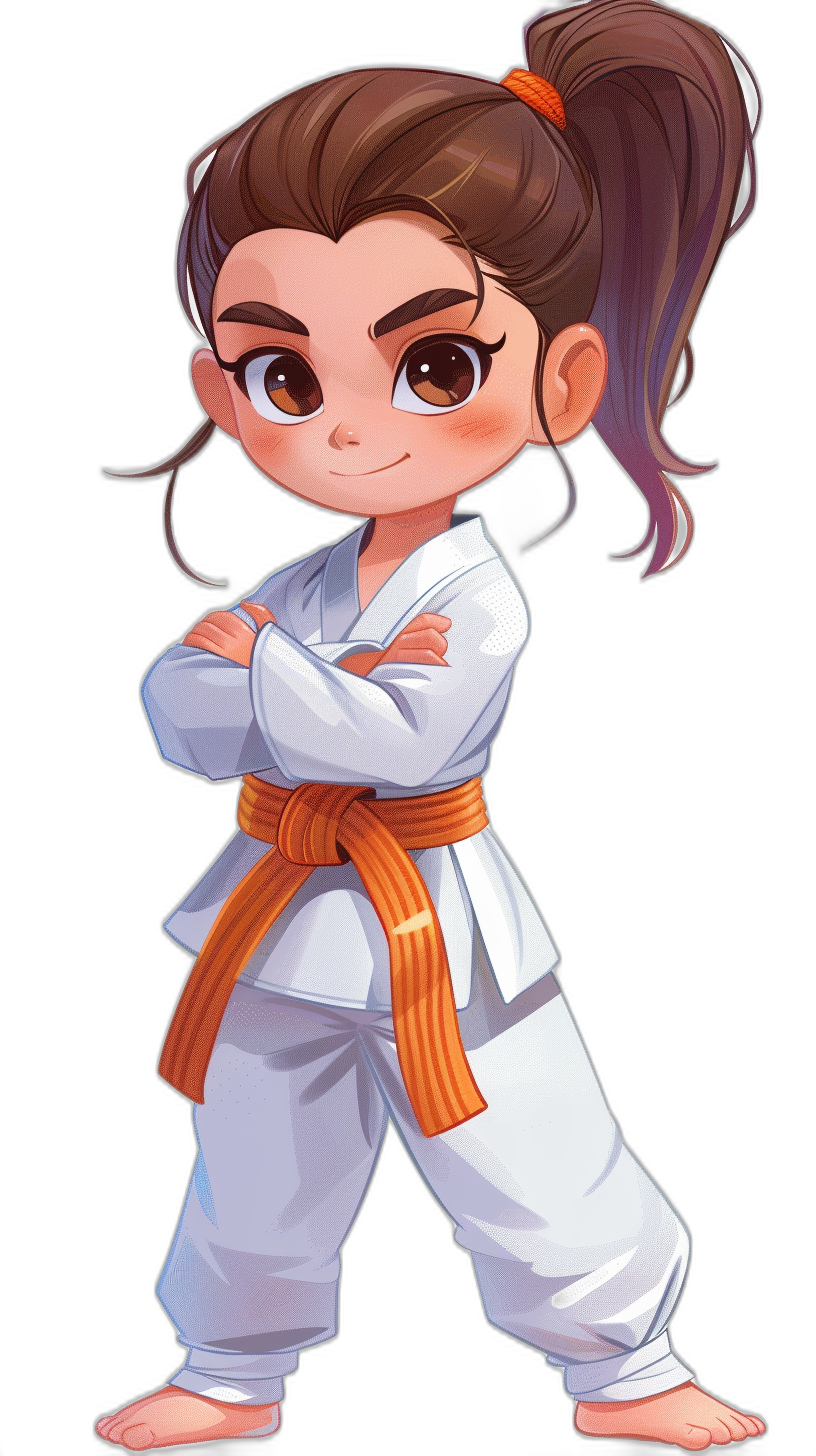 chibi style, full body of girl with brown hair in ponytail hairstyle and big eyes wearing white karate outfit with orange belt , black background