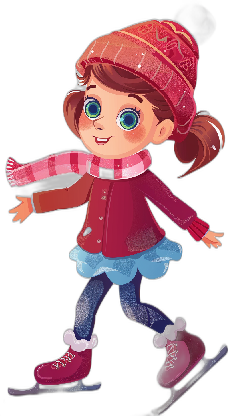 A cute little girl ice skating in the style of clip art style cartoon illustration. 2D vector graphics in the Disney Pixar style on a simple black background. A full body portrait in bright colors at high resolution with a cute cartoon design. She is wearing winter  and a hat with a pink, red, blue, purple and green color scheme. The full body posture shows a happy expression against the simple black background.