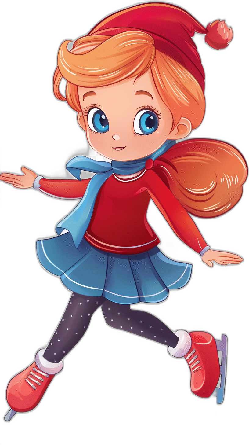 a cute little girl ice skating, wearing red top and blue skirt with white dots, long orange hair in pigtails, big bright eyes, rosy cheeks, winter hat on head, cartoon style illustration, full body portrait, clipart isolated black background