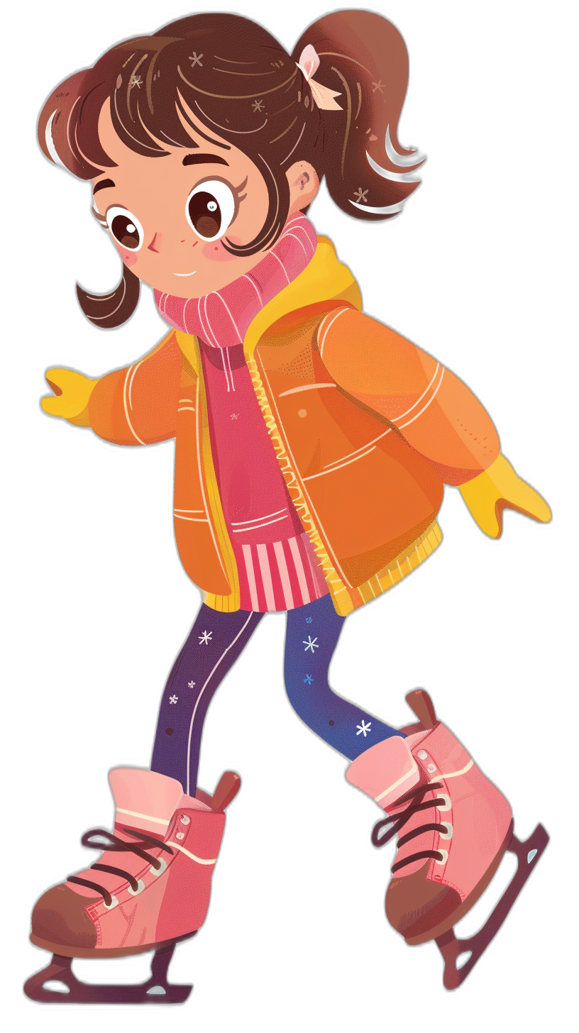 A cute little girl ice skating in a simple flat cartoon style with a black background, wearing brightly colored gloves and pink boots on her feet, with exaggerated expressions. A full body portrait with high definition details of the textures of her  and colorful colors in the illustration. A happy expression in the style of Disney animation.